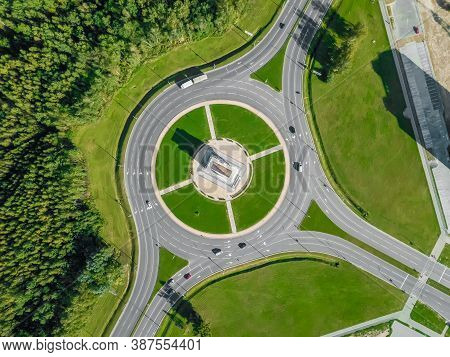 Aerial View Of The Ring Road With A Three-way Fork On A Sunny Summer Day. City Infrastructure. Beaut