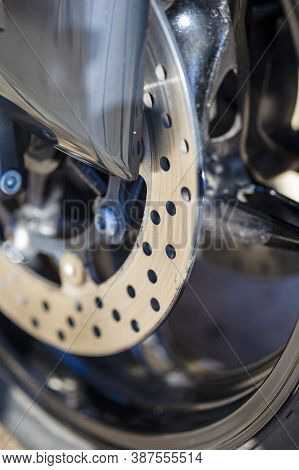 Closeup Of Modern Motorcycle Front Brake Disks