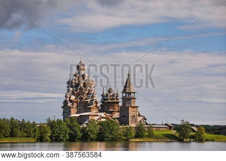 17th century wooden churches and bell tower of Kizhi Pogost historical site on Kizhi Island at Lake Onega, one of the most popular tourist destinations in Karelia Russia