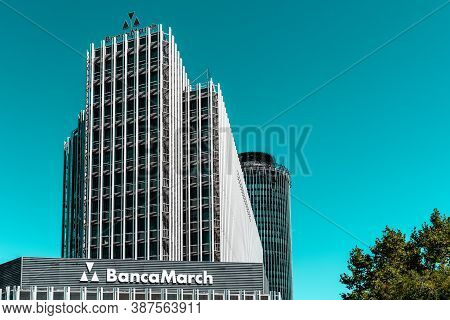 Madrid, Spain - August 30, 2020: Low Angle View Of Modern Skyscraper In Azca Financial District Agai