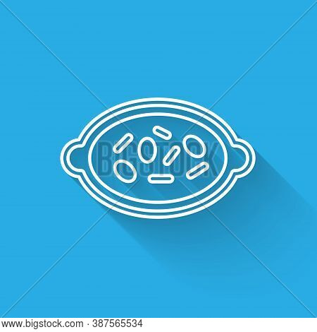 White Line Kheer In A Bowl Icon Isolated With Long Shadow. Traditional Indian Food. Vector