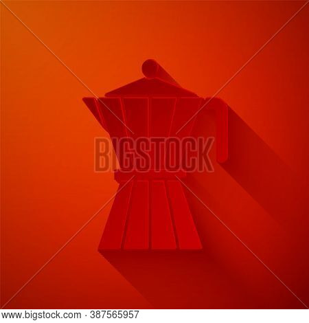 Paper Cut Coffee Maker Moca Pot Icon Isolated On Red Background. Paper Art Style. Vector