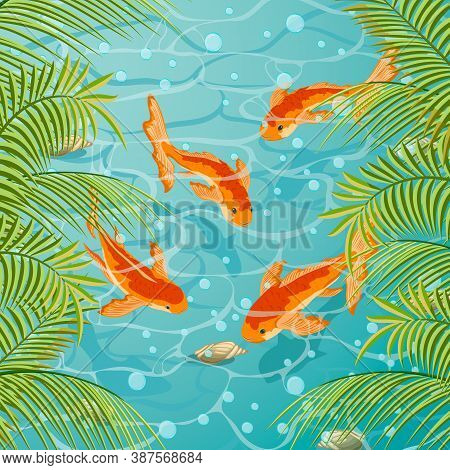 Banner With Gold Fish And Leaves.colored Illustration With Palm Leaves And Gold Fish In The Water.