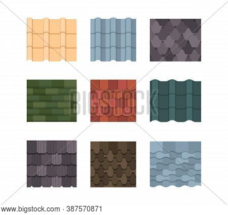 Tile Roof Color Set. Oval Rectangular Plates Green Orange Ceramic Decoration Striped Wavy Texture Em