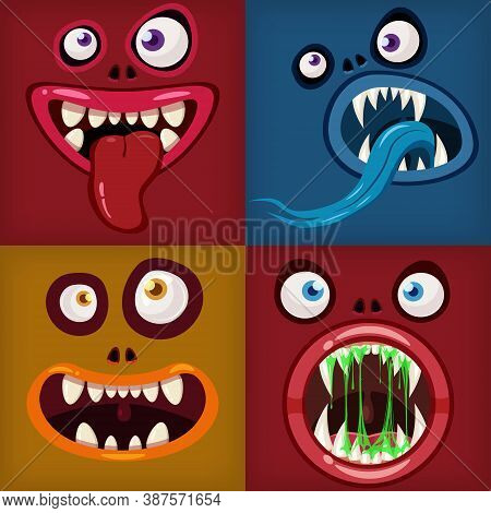 Set Monsters Mouths Creepy And Scary. Funny Jaws Teeths Tongue Creatures Expression Monster Horror D