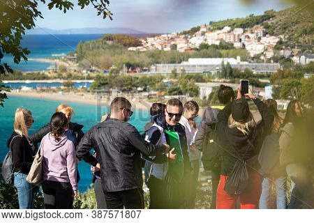 Omis Croatia September 2020 Group Of Tourists Walking Up To The Fortica Castle Above The City Of Omi