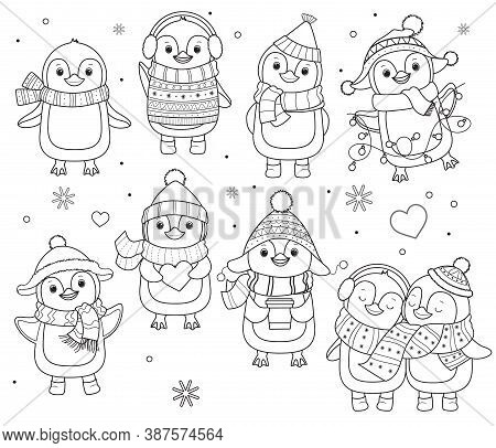 Collection Of Penguins For Coloring Book.line Art Design For Kids Coloring Page.