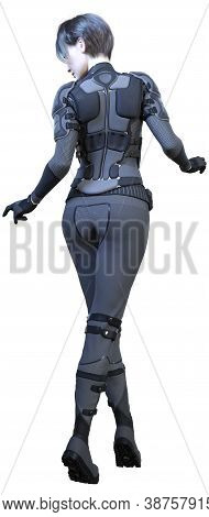 3D Rendering Female Sceince Fiction Warrior On White