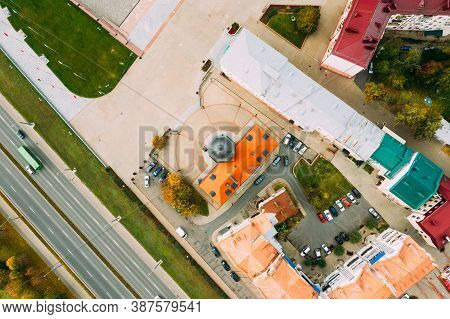 Mahiliou, Belarus. Mogilev Cityscape With Famous Landmark - 17th-century Town Hall. Aerial View Of S