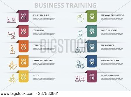 Infographic Business Training Template. Icons In Different Colors. Include Online Training, Consulti