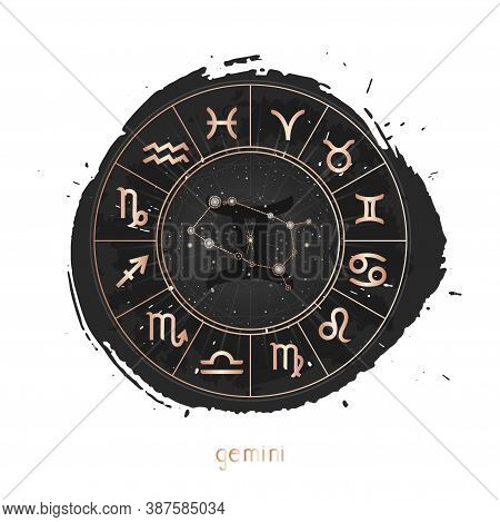 Vector Illustration Of Zodiac Sign And Constellation Gemini With Horoscope Circle On A Grunge Ink Ba