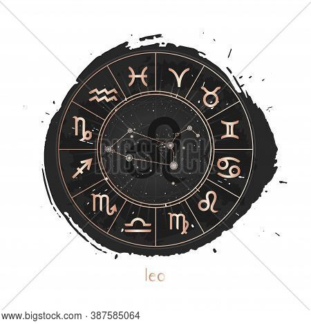 Vector Illustration Of Zodiac Sign And Constellation Leo With Horoscope Circle On A Grunge Ink Backg