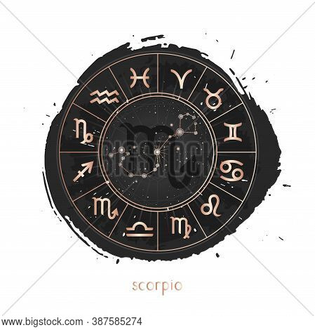 Vector Illustration Of Zodiac Sign And Constellation Scorpio With Horoscope Circle On A Grunge Ink B
