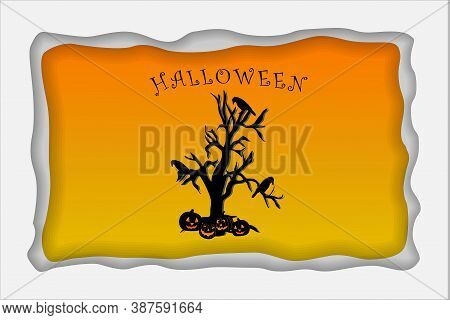 Haloween Scene In The Suneset With The Black And Orange Color About Tree, Grass, Scrarecrow, Crow An