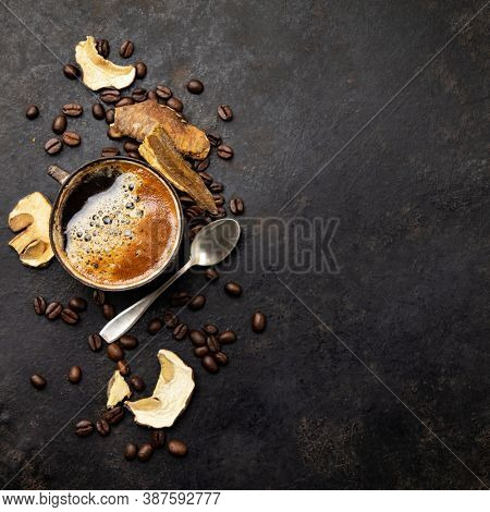 Mushroom Chaga Coffee Superfood Trend-dry and fresh mushrooms and coffee beans on dark background