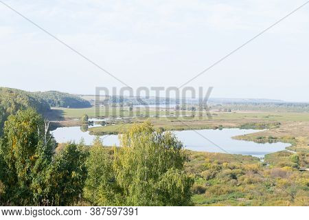 OKA river with vegetation on the banks,autumn landscape