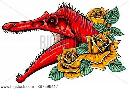 Dragon Head With Roses And Flower Vetor Illustration