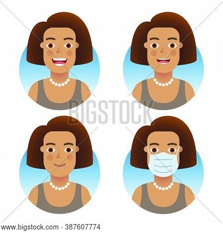 Avatars For Business And Social Media Accounts Set. Swarthy Fluffy Hairstyle Girl, Various Emotions: