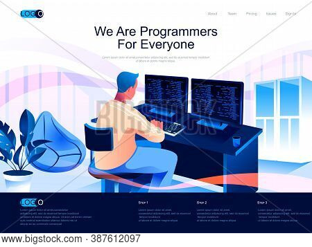 We Are Programmers For Everyone Isometric Landing Page. Software Development Skills Isometry Website