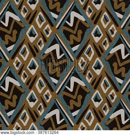 Seamless Dark Blockprint Linen Background. Moody Watercolor Wash Texture. Mid Century 50s Soft Furni