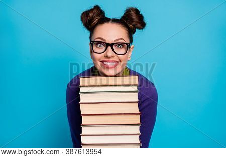 Photo Of Pretty Student Lady Two Funny Buns Leaning Head Chin Books Pile Diligent Pupil Visit Librar
