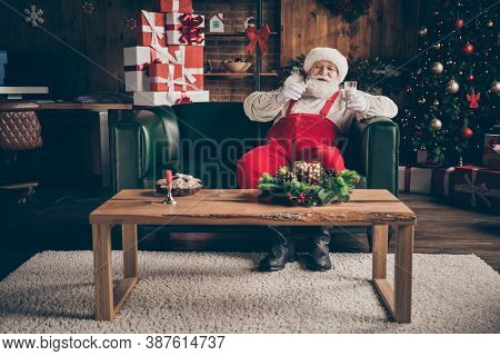 Full Length Photo Jolly Grey Beard Santa Claus Sit Comfort Couch Enjoy Watch X-mas Christmas Movie F