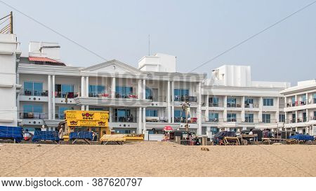 Puri, India - February 3, 2020: View Of A Big White Expensive Hotel By Puri Beach On February 3, 202