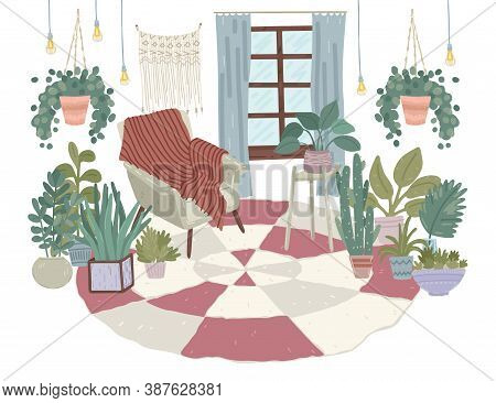 Interior With Urban Jungle, Armchair And Window. Modern Boho Style Designe. Macrome And Carpet. Vect