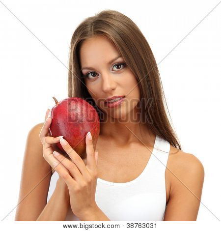 Eautiful junge Frau mit Mango, isolated on white