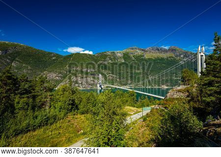 Hardanger suspension bridge in Hardanger fjord connecting Oslo and Bergen , Norway