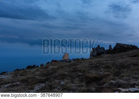 Cable Car To Ai-petri Upper Building At Dusk September 13, 2020 Yalta Crimea. The Teeth Of Mount Ai-