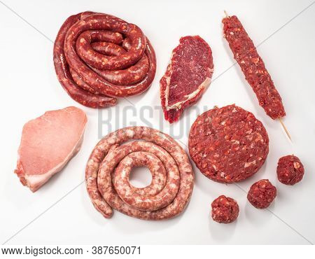 Top View On Assorted Semi-finished Meat Products On White Backgr