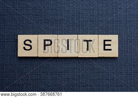 Gray Word Spite From Small Wooden Letters On A Black Table