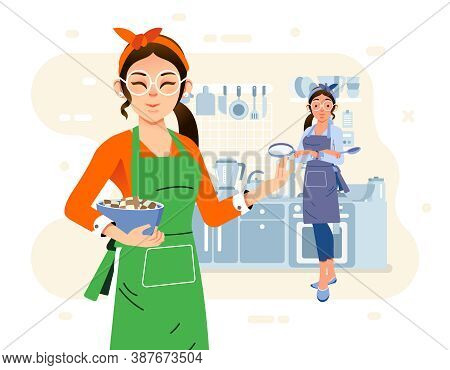 Two Moms Cooking Together In The Kitchen, Wearing Apron And Kitchen Appliance As Background. Used Fo