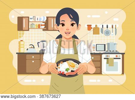 Mother Wearing Apron And Holding A Plate Full Of Food With Kitche Interior As Background Vector Illu
