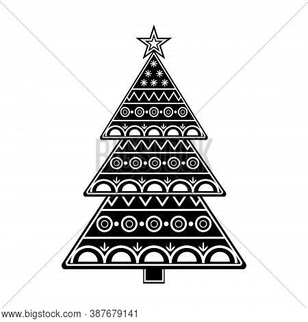 Black Christmas Tree With White Ornament And Star, Vector Isolated Illustration In Flat Style, Stenc