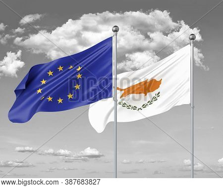 Two Realistic Flags. European Union Vs Cyprus. Thick Colored Silky Flags Of European Union And Cypru