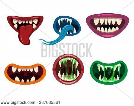Set Monsters Mouths Creepy And Scary. Funny Jaws Teeths Tongue Creatures Expression Monster Horror S