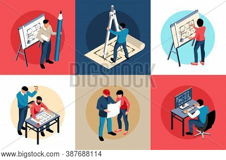 Isometric Architect Design Concept 3x2 Set Of Square Compositions With Projects And Characters Of Ma