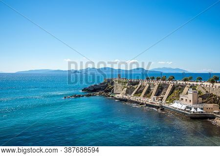 Piombino,italy - September 4,2020 - View At The Town Beach Of Piombino. Piombino Lies On The Border 