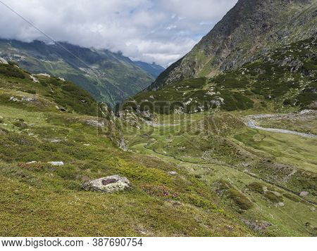 Summer View Of Winding Freigerbach Stream At Green Alpine Mountain Valley In Stubai Tyrol, Austrian 