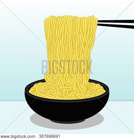 Fresh Delicious Bowl Of Asian Ramen Noodles On Chopsticks Against White Background. Vector Illustrat
