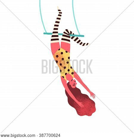Flexible Woman Equilibrist Hanging On Swing Holding By Legs Vector Flat Illustration. Cute Female Pr