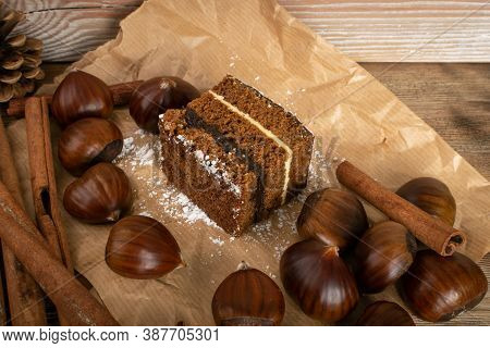 Sponge Chestnut Cake With , Piernik, Brown Biscuit