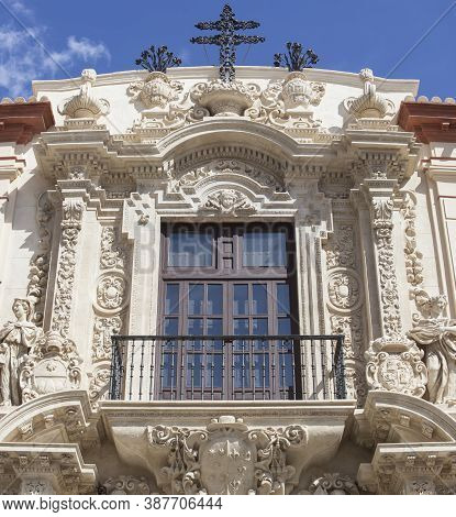 Archbishop Palace Facade. Spanish Baroque Style Building In Seville, Spain. Upper Section