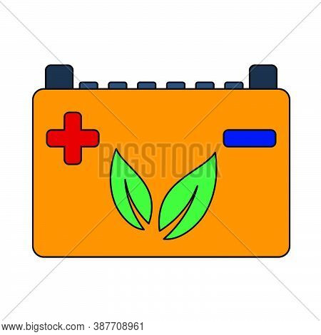 Car Battery With Leaf Icon. Outline With Color Fill Design. Vector Illustration.