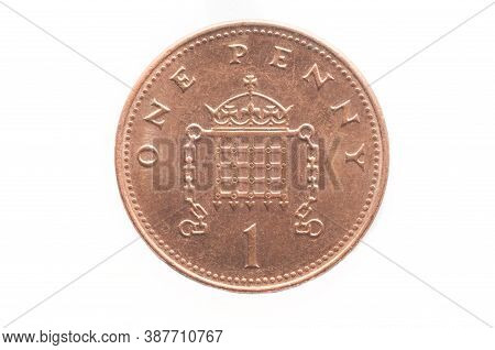 Tail Of A 1 Penny English Coin On White Background