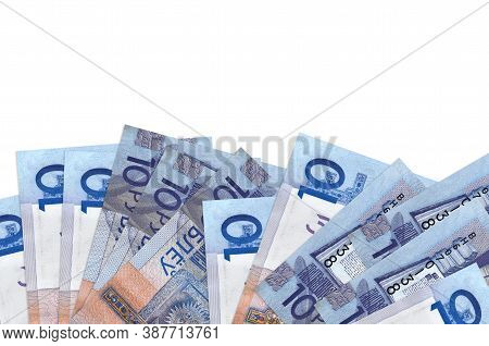 10 Belorussian Rubles Bills Lies On Bottom Side Of Screen Isolated On White Background With Copy Spa