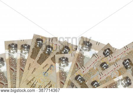200 Uae Dirhams Bills Lies On Bottom Side Of Screen Isolated On White Background With Copy Space. Ba