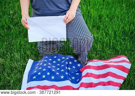 Protest After George Floyd Death, Black Lives Matter, Woman Kneel, Copy Space. Usa Flag, Kneeling